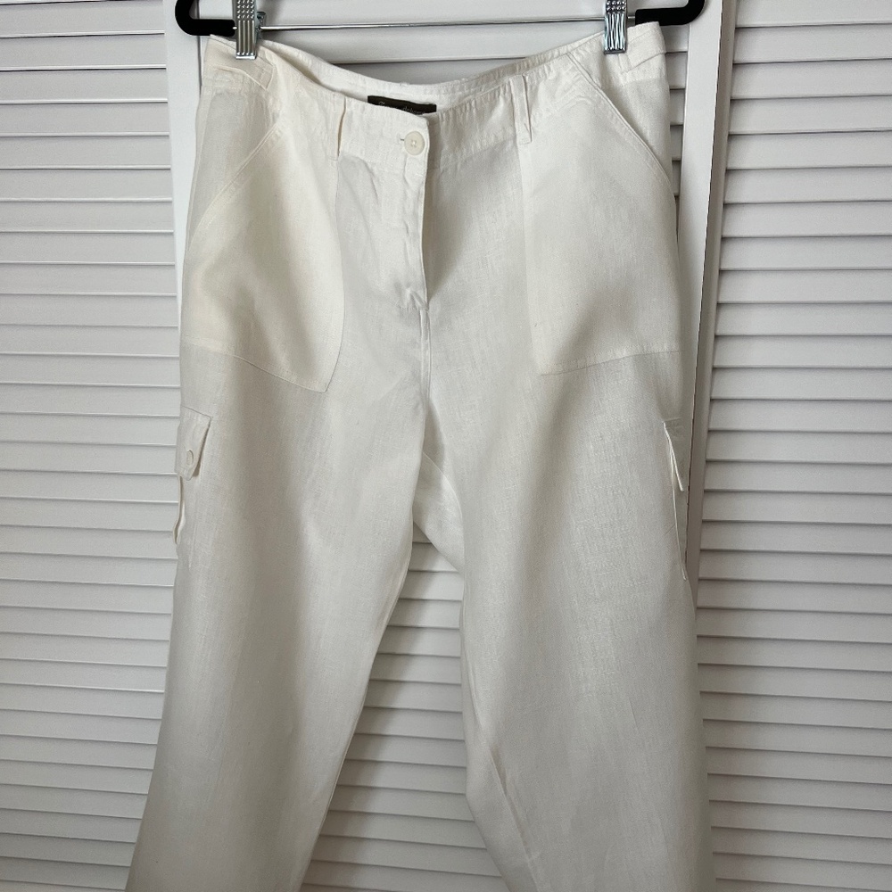 Tommy Bahama Woman’s White Linen Cargo Cropped Pants 24 inches inseam Size 12